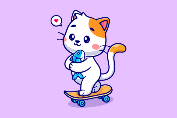 Download Cute Cat Holding Fish on Skateboard - Premium Resources