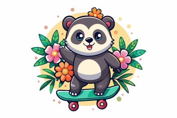 Download Skateboard Panda Road Cartoon with Flowe - Premium Bundle