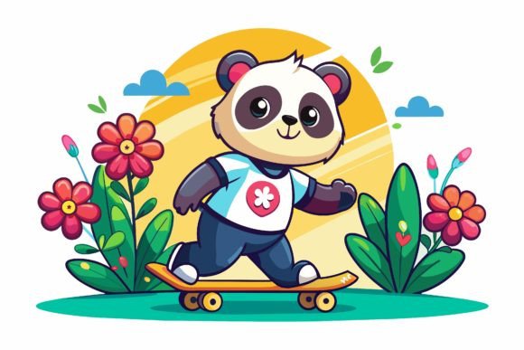 Download Skateboard Panda Road Cartoon with Flowe - Premium Resources