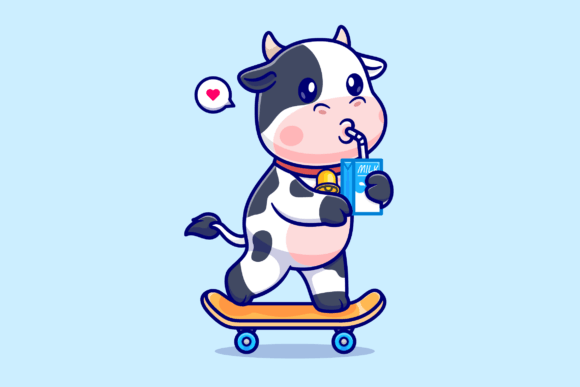 Download Cute Cow Drinking Milk on Skateboard - Premium Resources