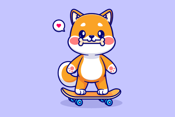 Download Cute Shiba Inu Bite Bone on Skateboard - Skateboard Collection